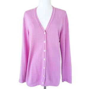 TALBOTS Cardigan Sweater Large Petite Orchid Purple Pink V-neck Cotton